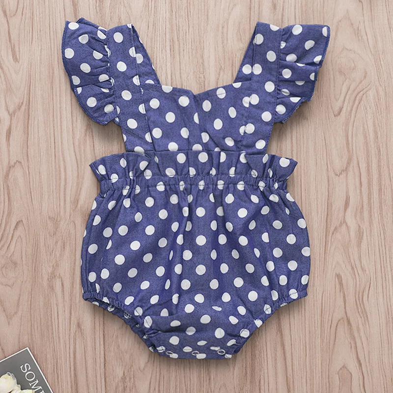 

2019 Lovely White Polka Dot Flutter Sleeve Bodysuit Blue Newborn Onesie Baby Girl Backless Bodysuit Summer Bubble Outfits