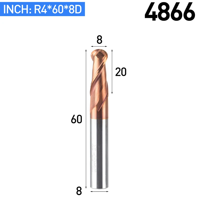 HUHAO 1pc HRC50 Tapered Ball Nose End Mill Tungsten Coated Ball Head Cutter Tungsten Steel R0.5-R6mm CNC Engraving Bit - Длина режущей кромки: 4866