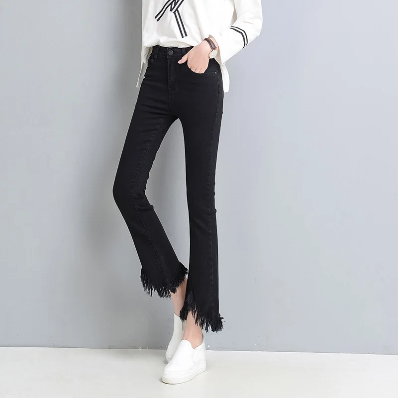Для женщин Модный весенний тонкий трикотажный свитер Flare узкие джинсы деним длина лодыжки худые брюки неровные края брюки с кисточками в Корейском стиле YL543