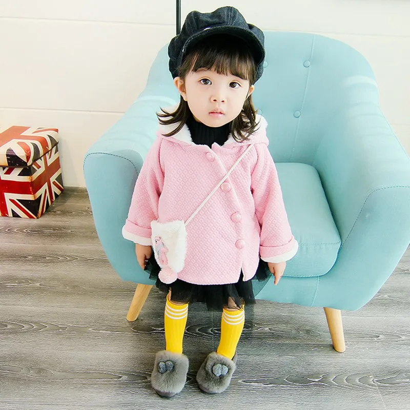 Baby girl Coat In Autumn and winter  Pure color dots Little bear bag Hooded jacket for Kids Children  (14)