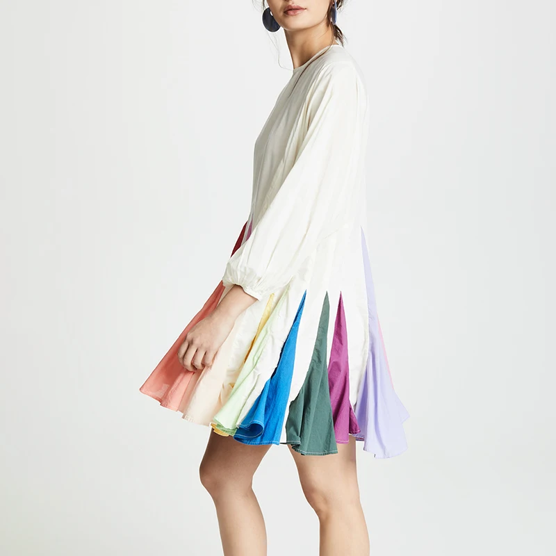TWOTWINSTYLE Бандажное мини-платье в стиле пэчворк для женщин с круглым вырезом и длинным рукавом с высокой талией хит цвета платья для женщин Повседневная мода
