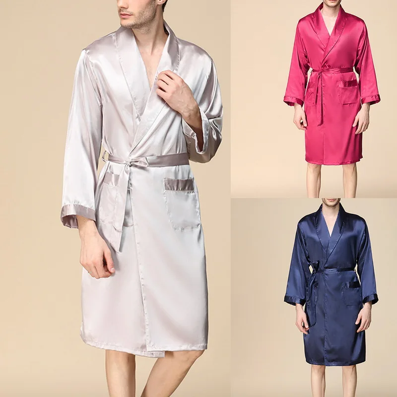 VERTVIE мужской летний халат-кимоно из искусственного шелка, мужской модный Одноцветный халат, пижама, Повседневный Кардиган с длинным рукавом, одежда, Халат