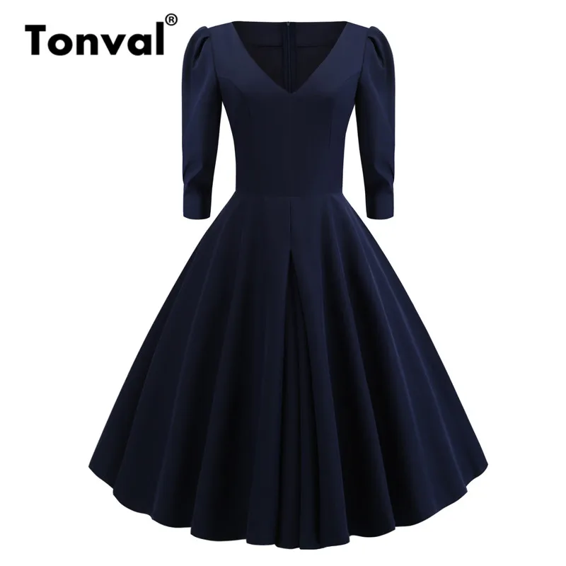 

Tonval Navy Blue V Neck Sexy Vintage Dress 3/4 Sleeve Solid Elegant Party Dress High Waist Women Retro Dress