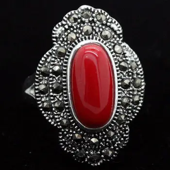 

24 * 16 mm Vintage 925 argent ovale rouge corail marcassite anneau taille usa women bowl mood cross engagement rin7 / 8 / 9 / 10