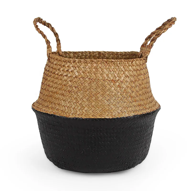 Декоративная плетеная корзина для хранения макраме, декоративный садовый цветочный горшок из ротанга, корзинка-органайзер для дома - Цвет: Черный