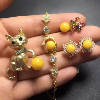 

Fine Jewelry Real 925 Sterling Silver S925 Natural Beeswax Yellow Ambers Gemstone Female Jewelry Set for Women Fine Jewelry Sets