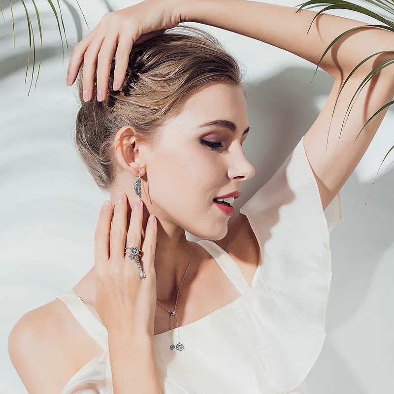 BAMOER Fashion 925 Sterling Silver Vintage Feather Wings Long Drop Earrings for Women Sterling Silver Jewelry Brincos SCE215