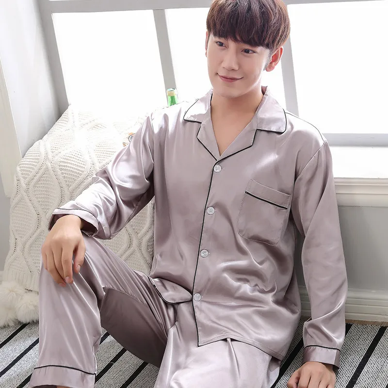 Pyjama Satin Мужская пижама Solid Two-Piece Sleep Silk Sleepwear для мужчин костюм осень с длинным рукавом Pijama Man летняя домашняя одежда