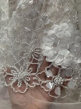 

2019 High Quality African Lace Fabric Baby White Sequins French Net Embroidery Beads Tulle Lace Fabric For Nigerian party Dress