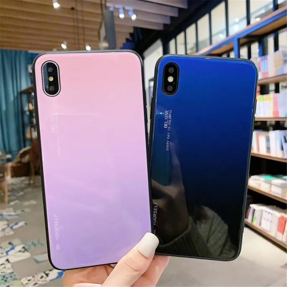 HUANQING Fashion Gradient Glass Tempered Glass Phone Case For iphone XR XS MAX X 8 7 6 6S Plus  Colorful Mobile Phone Cover Luxury Shell07