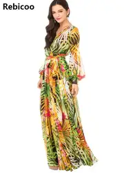 Женское летнее платье с v-образным вырезом и длинным рукавом, с цветочным принтом, длинное вечернее платье, vestidos Mujer Verano 2018