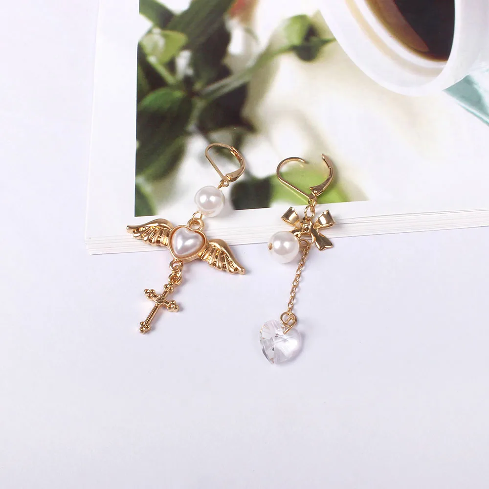 Factory Wholesale Japanese Angel Wings Heart Cross Crystal Earrings