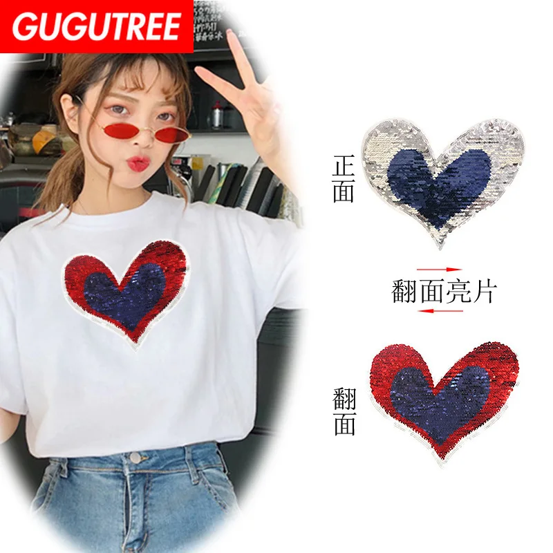 

GUGUTREE embroidery Sequins big love heart patches love cartoon patches badges applique patches for clothing XC-73