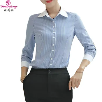 

Yuxinfeng Women Formal Shirts Long Sleeve Plus Size Office Work Blouses Lady Casual Turn Down Collar Blue Stripe Blouse Shirt