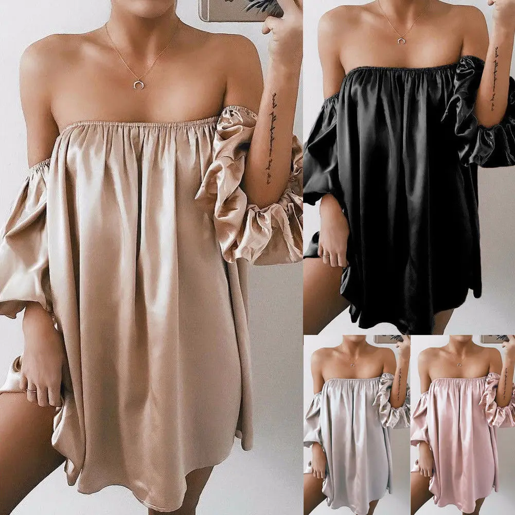 

2019 New Women Sexy Out Off Shoulder Strapless Neck Mini Dress Summer Ladies Casual Holiday Long Sleeve Sundress 4 Colors