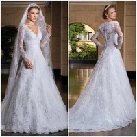 free shipping vestidos de noiva renda white v neck long sleeve lace wedding dresses bridal gowns button back custom made
