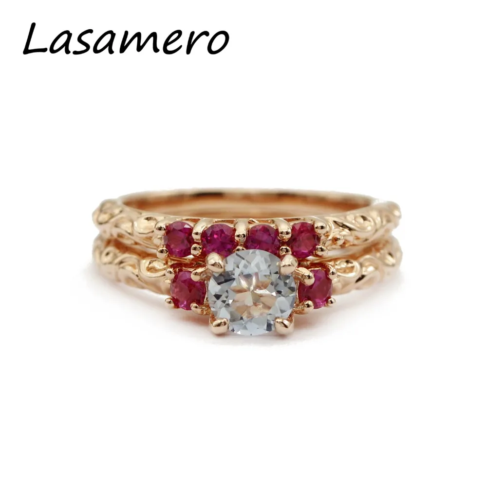 

LASAMERO Rings for Women 0.85CT Round Cut Natural Aquamarine Rings 925 Silver Wedding Sets Bridal Sets Ring for Women