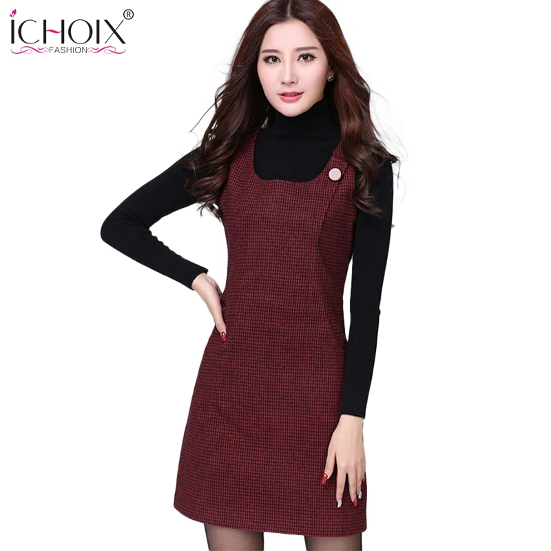 

Winter Woolen Lattice Midi Vest Dress 2019 Autumn Houndstooth Slim Women Office Dresses Plus Sizes Plaid Dress Red Gray Vestidos