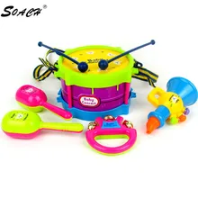 5 шт./компл. Детские Музыкальные инструменты набор образовательных детских игрушек барабан/Колокольчик/труба/песочный молоток/барабанные палочки Тамбурин