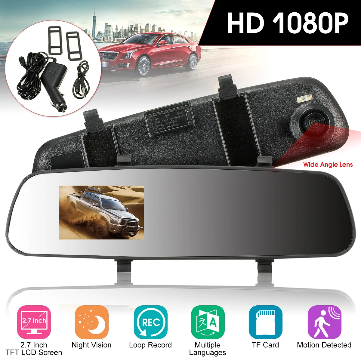 

Brand New Car HD 2.7'' 1080P TFT Rearview Mirror Dash Camera DVR Cam Video Recorder Vehicle Rear View Camera w/PC-USB Data Cable
