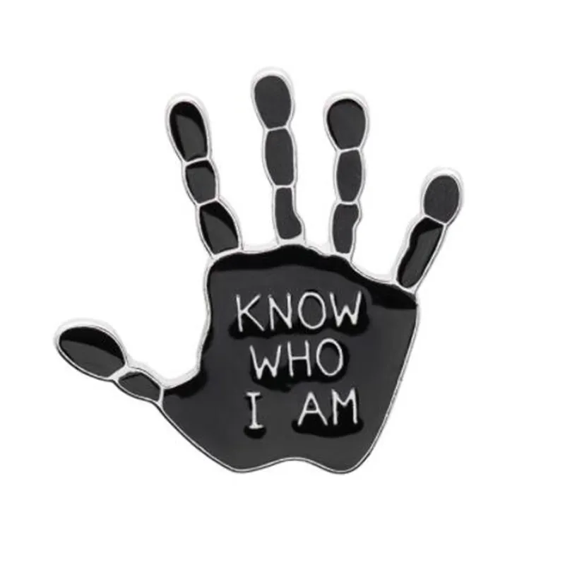 

WKOUD Punk Enamel Pins 1PC Brooches Ghost Hand Stone Black Know Who I AM fingers Denim Jeans Lapel pin Badge Jewelry game Gift