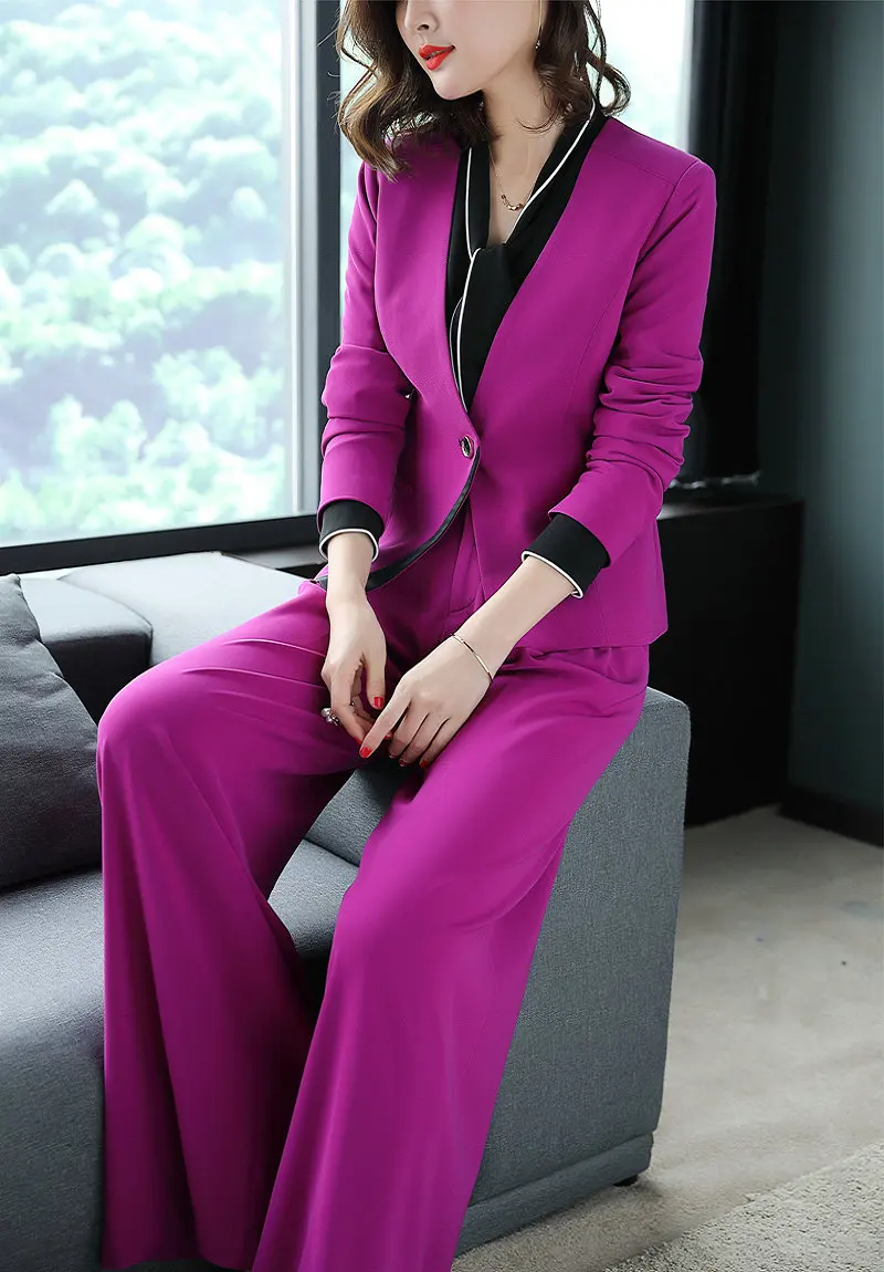 Женский фиолетовый Блейзер, брюки, костюмы, весна, Офисная Леди, новая мода, v-образный вырез, на одной пуговице, блейзер и широкие брюки, 2 предмета в комплекте - Цвет: Фуксия