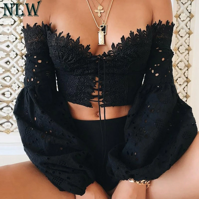  NLW 2019 White Lace Off Shoulder Women Blouse Shirt Lace Up Lantern Sleeve Crop Top Blouse Sexy Sum