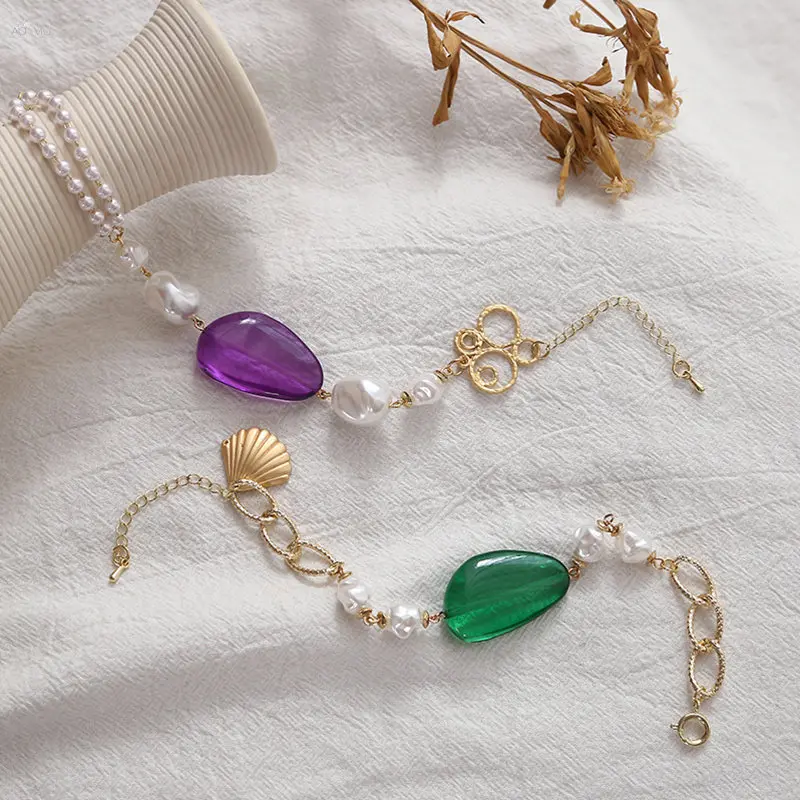 AOMU-2019-New-Design-Metal-Hollow-Flower-Shell-Bracelet-Imitiation-Pearl-Crystal-Beads-Bracelets-for-Women