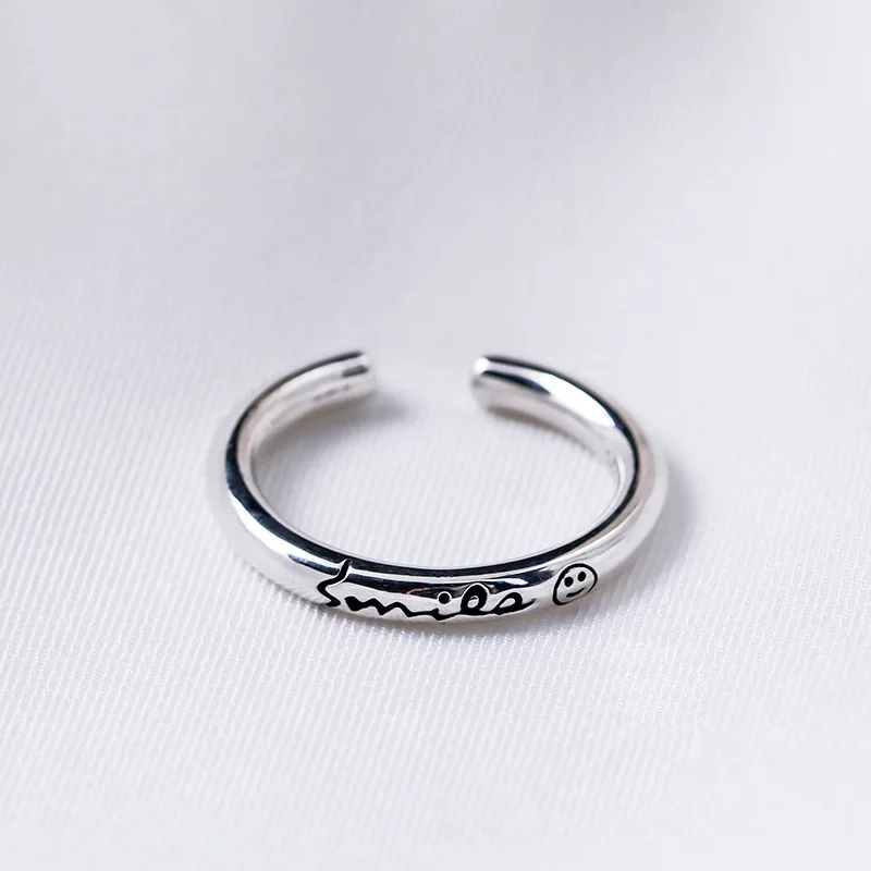 letters smile unisex free size ring 100% Sterling 925 silver Jewelry Vintage Adjustable rings for women girl gift