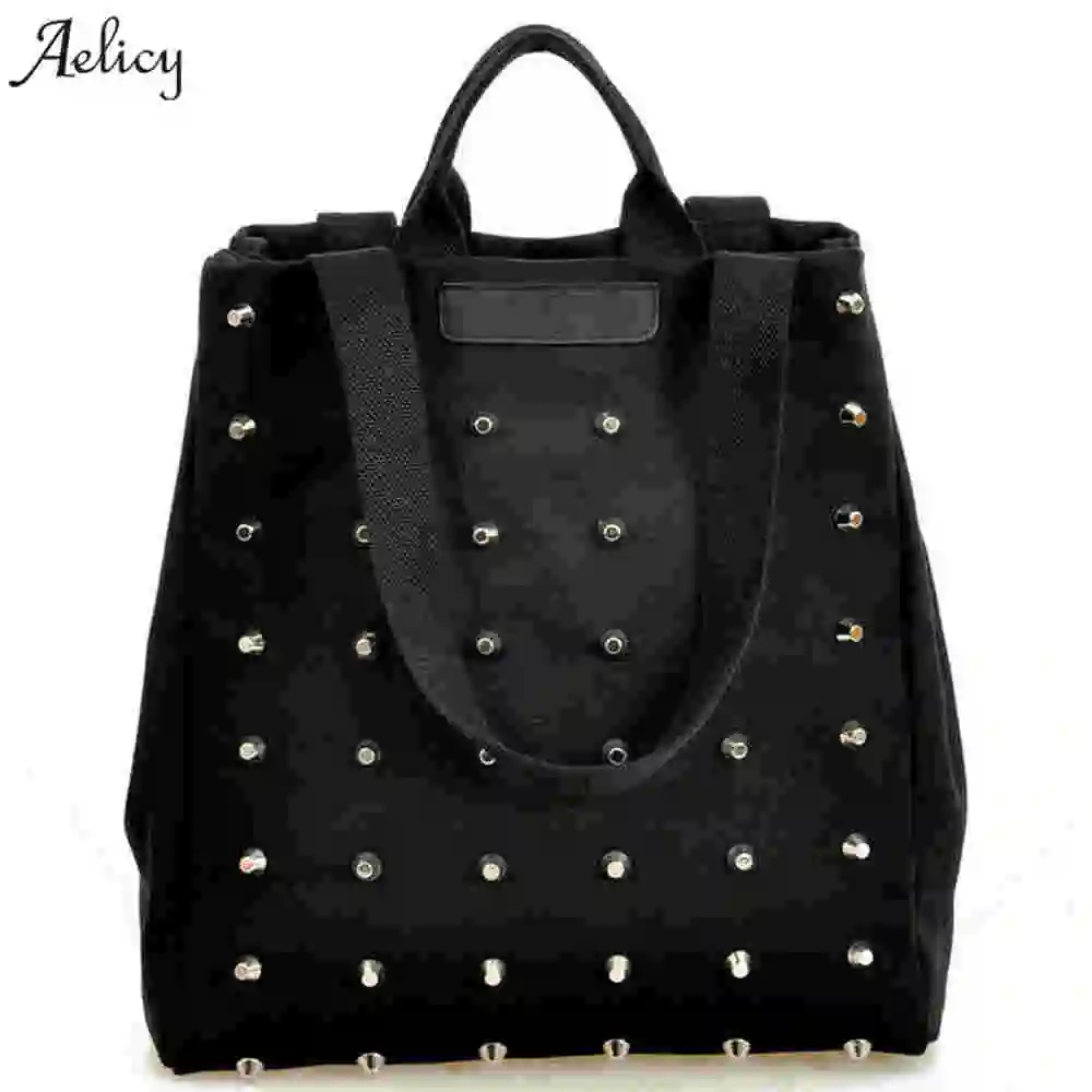 Aelicy модная Женская Ручная сумка с заклепками, женская сумка, повседневные холщовые сумки на плечо, женская сумка для книг, черная сумка