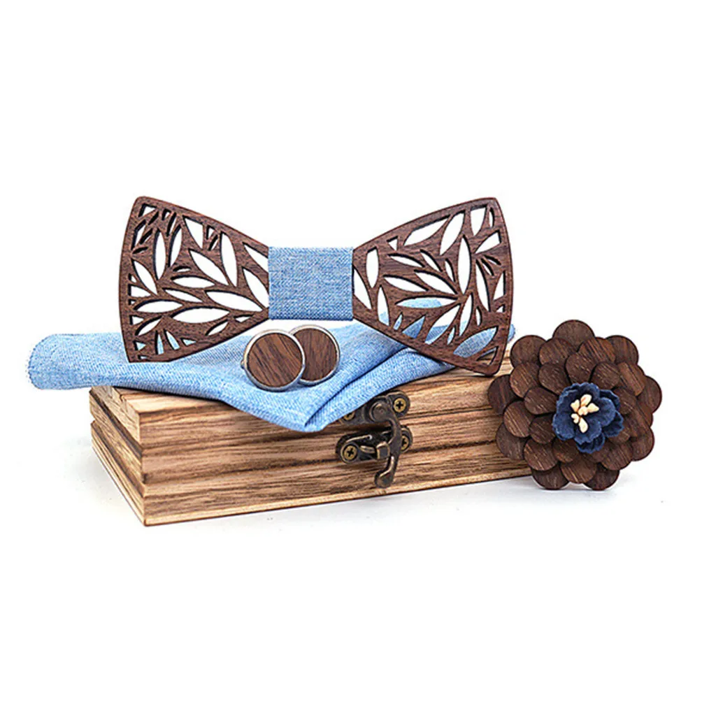 Wooden Bow Tie Handkerchief Set Men's Plaid Bowtie Wood Hollow carved cut out Floral design And Box Novelty ties Bowtie