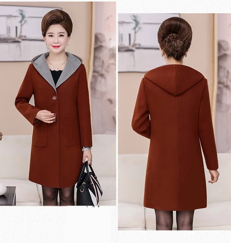 Autumn Winter Woolen Coat Women Hooded New Middle-aged Mother Clothes Long Slim Wool Coat Womens windbreaker Plus Size coat 5XL