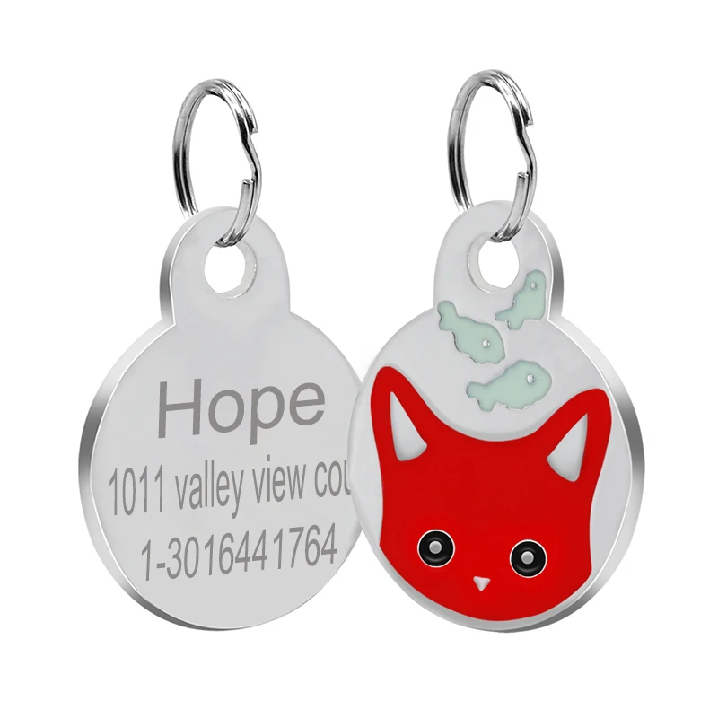 Loverly Anti-lost Stainless Steel Personalized Round Dog Tag Custom Cat Engraved Name Tags Cute Kitten Face ID Tags