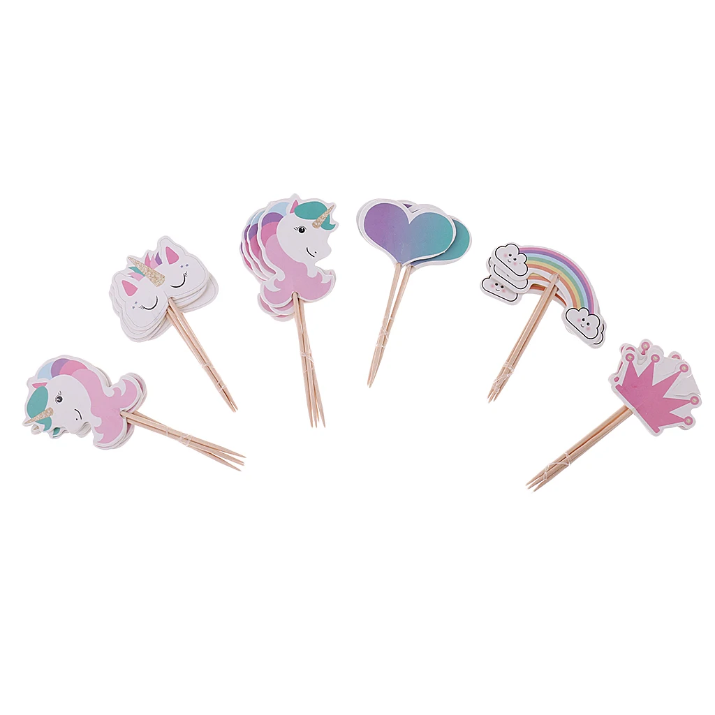 24x Unicorn Cake Picks Rainbow Cupcake Toppers Crown Heart Shape Cake Décor
