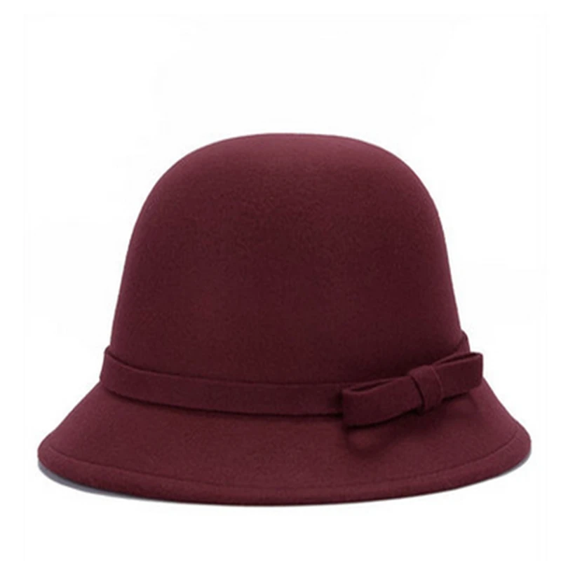 Модная женская шерстяная шляпа Трилби женская шляпа в форме колпака бант войлок котелок с широкими полями ведро шляпа женская элегантная мода вечерние фетровые мягкие шляпы - Цвет: Wine red