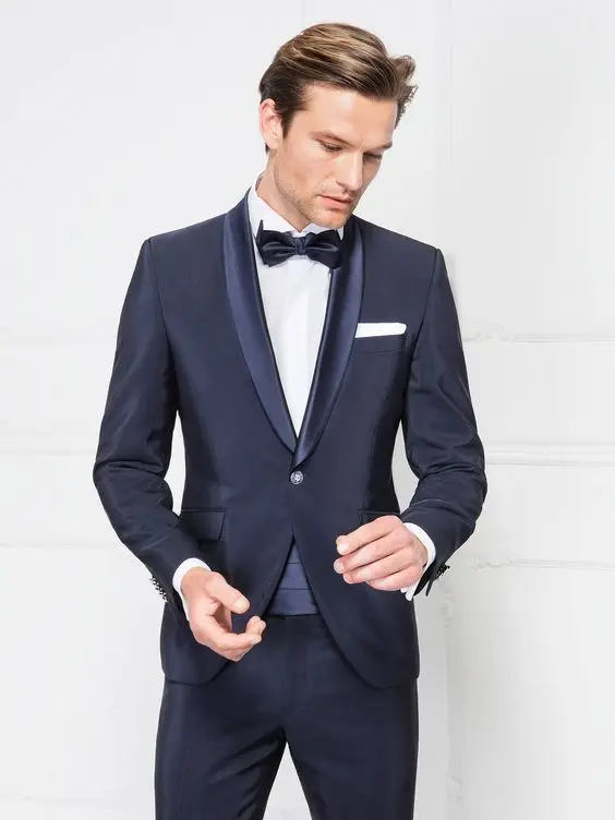 Navy Blue Men Suit Shawl Satin Lapel Business Wedding Party Jacket Vest Pant 3PC