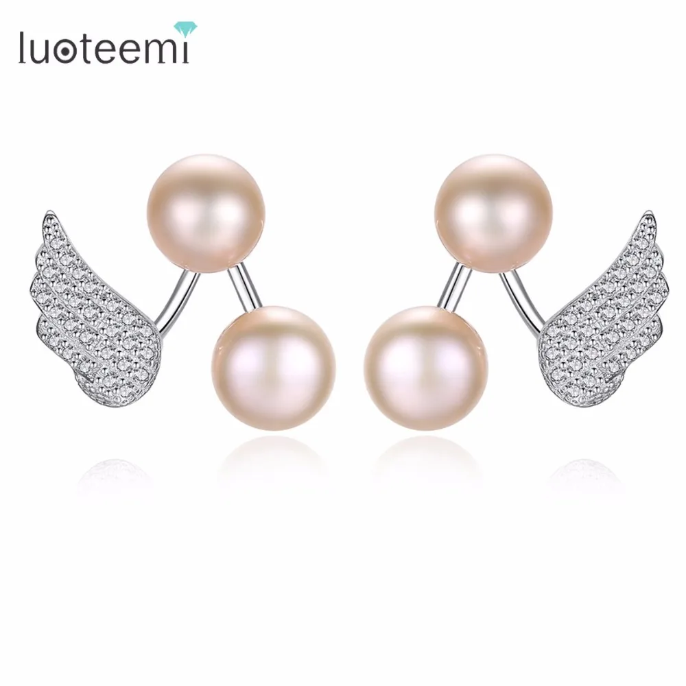 

LUOTEEMI Drop Earrings 925 Sterling Silver Freshwater Natural Pearl Flying Feather New Arrival Simple Design Brincos For Women