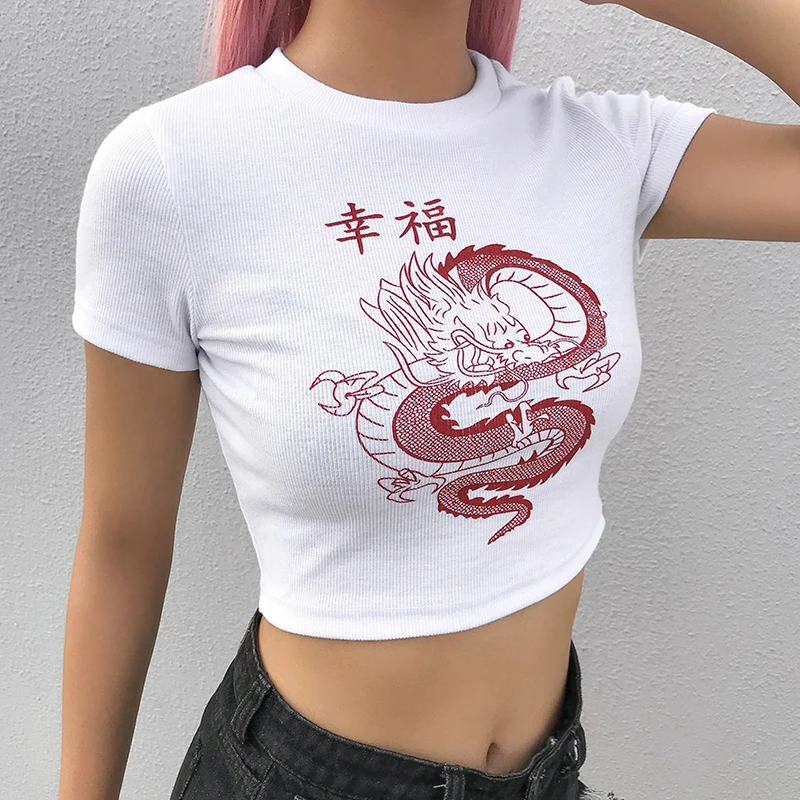 Рапкоптер с принтом дракона белая женская Повседневная футболка с коротким рукавом Базовая футболка в китайском стиле Femme Harajuku летние футболки