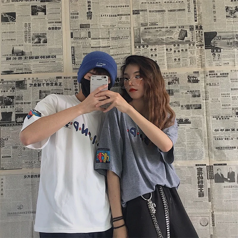 2019 Korean Matching Couple Clothes Autumn summer Loose Tops Casual Letter printing T-Shirt Cute Couple T Shirts For Lovers