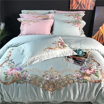 

Luxyry Egyptian cotton leisure blue pink Bedding sets Queen King Tribute Silk Duvet cover Bed sheet set Pillowcases 4pcs