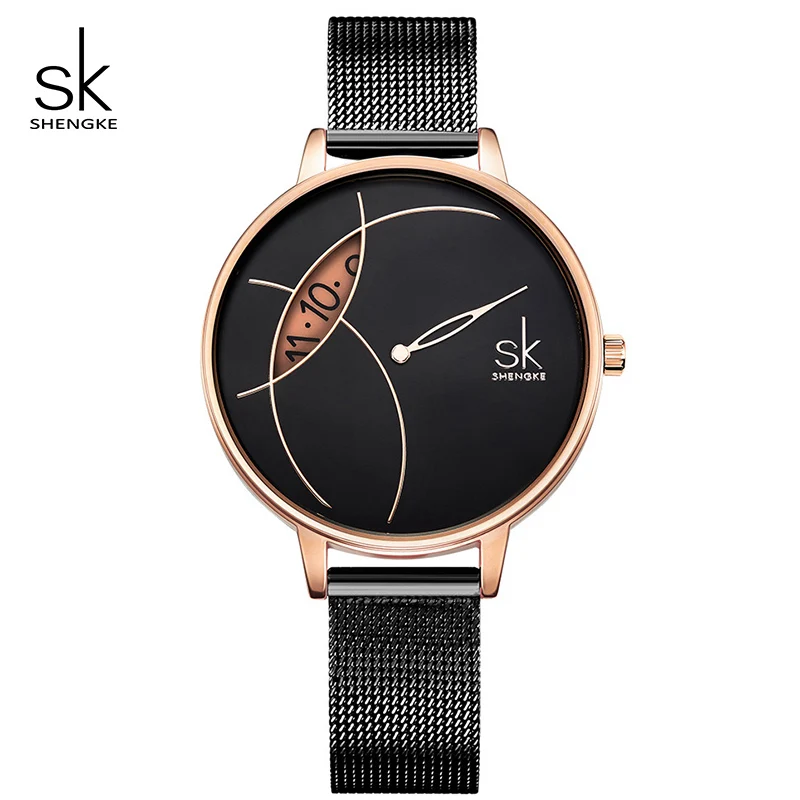 Shengke креативные женские часы черные женские кварцевые часы из нержавеющей стали Reloj Mujer SK женские часы с браслетом# K0091