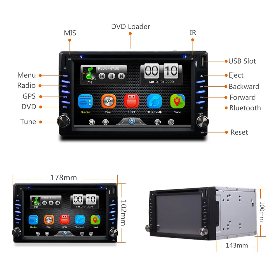 Sale 2Din Universal Car In Dash Touch Screen Bluetooth Radio CD DVD MP3 Video Media Player Head Unit Stereos (Without GPS) 9