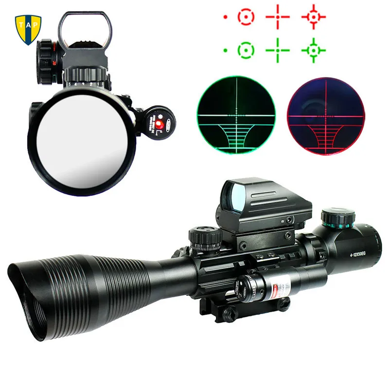 

4-12X50EG Tactical Rifle Scope with Holographic 4 Reticle Sight & Red Laser Combo Airsoft Weapon Sight For Sniper Airsoft Gun