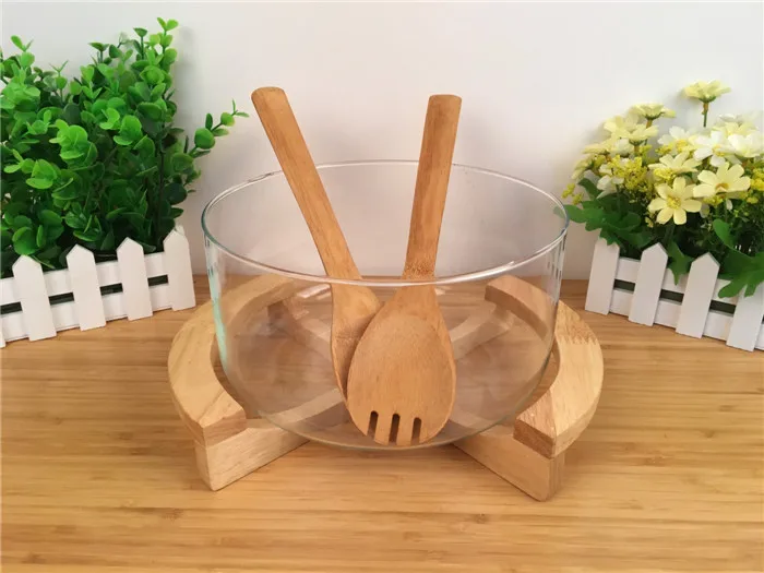 New Glass font b Salad b font Bowl with Bamboo Fork Wooden Botton for Hotel Fruit