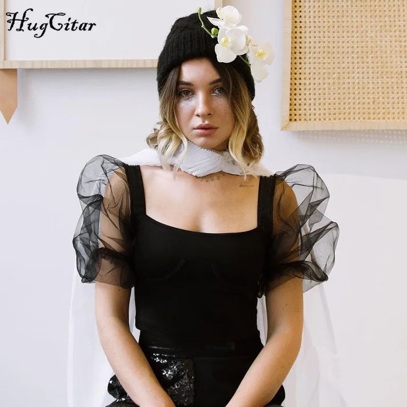 

Hugcitar puff short sleeve lace mesh patchwork sexy square neckline bodysuit 2019 women fashion party club body