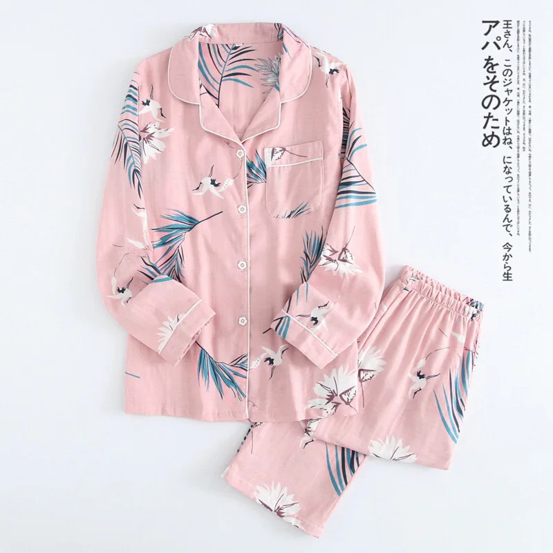 Для женщин листья печатных марля хлопок дамы с длинным рукавом дома набор пижам комплект тонкая Пижама осень пижамы Для женщин пижамы - Цвет: Leaves Pink