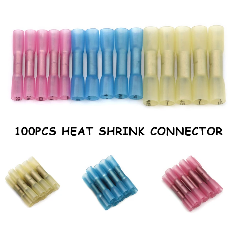 Yt 100pcs/set Mixed 3 Sizes Heat Shrink Butt Connector Hot Melt Glue