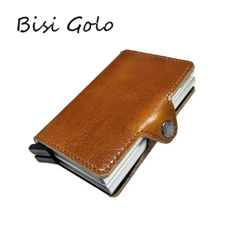 

BISI GORO 2019 Men And Women Genuine Leather Card Holder Double Aluminum Wallet Business RFID Cardholder Vintage Card Case