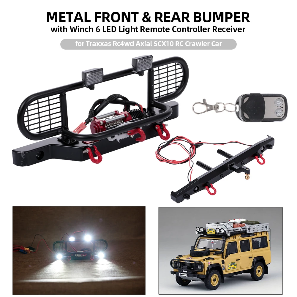 

2019 New Metal Front & Rear Bumper with Winch 6 LED Light Remote Controller Receiver for Traxxas Rc4wd Axial SCX10 RC Crawler Car