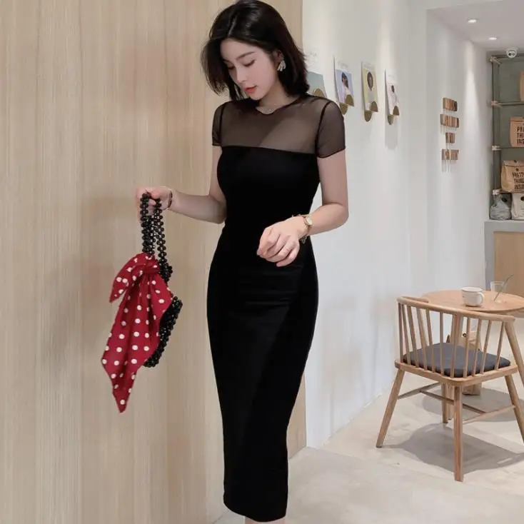 

Black Sexy See-through Bodycon Midi Dress Patchwork Perspective Short Sleeve Pencil Sheath Dress Summer Women Vestidos De Festa